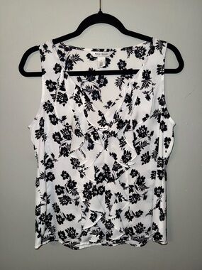 WHBM White House Black Market black-and-white floral ruffle blouse top size 4